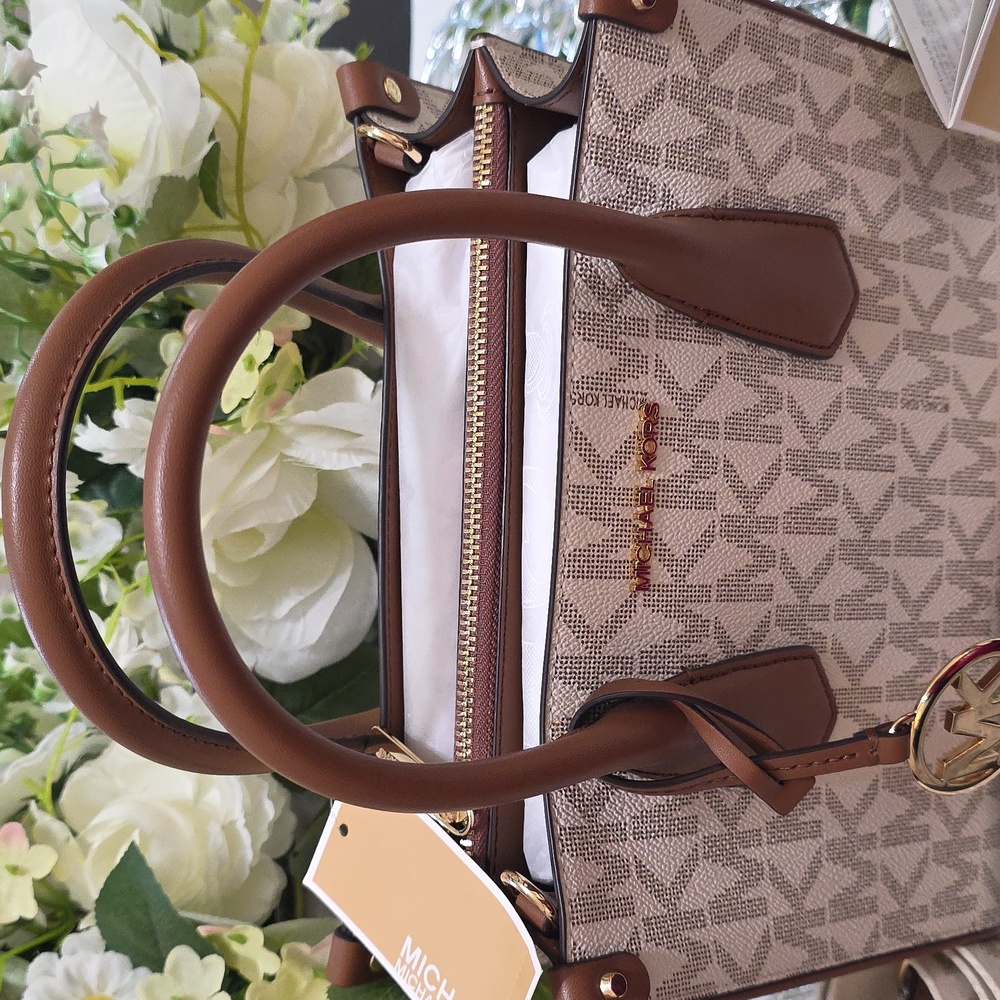 Michael Kors Beige Brown Logo Satchel with Gold Hardware - Picture 3 of 9